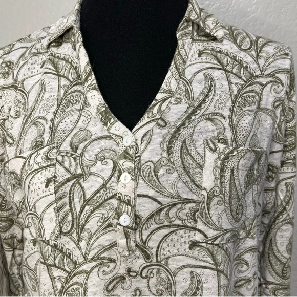 Chico’s Green Paisley Linen Top with Quarter Sleeves LARGE - Picture 3 of 9